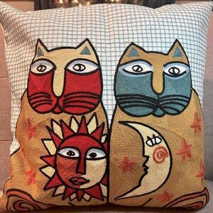 Abstract Cat Sun & Moon Embroidered Pillow Cover 18x18